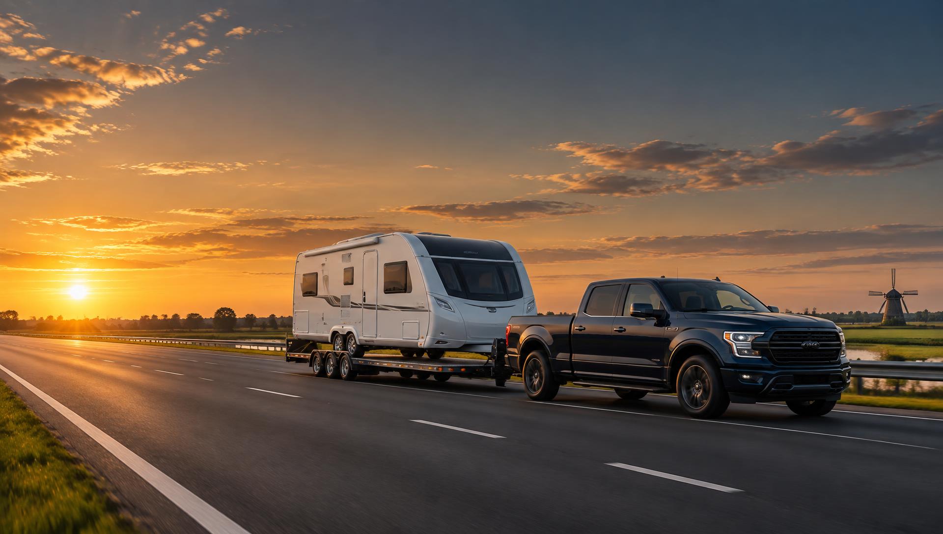 Caravan op transport door Nederland